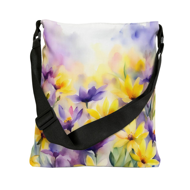 Purple and Yellow Floral Watercolor Tote | Fun Design| Adjustable Tote Bag| Two Sizes 16 inch or 18 inch