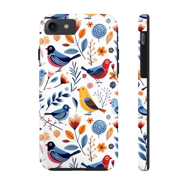 Spring Bird Pattern Tough Phone Case for iPhone in 21 different sizes. Compatible with iPhone 7, 8, X, 11, 12, 13, 14 and more.