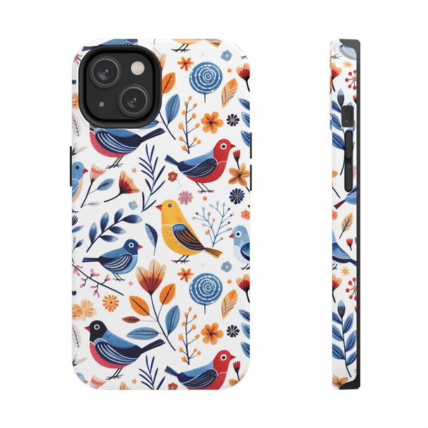 Spring Bird Pattern Tough Phone Case for iPhone in 21 different sizes. Compatible with iPhone 7, 8, X, 11, 12, 13, 14 and more.