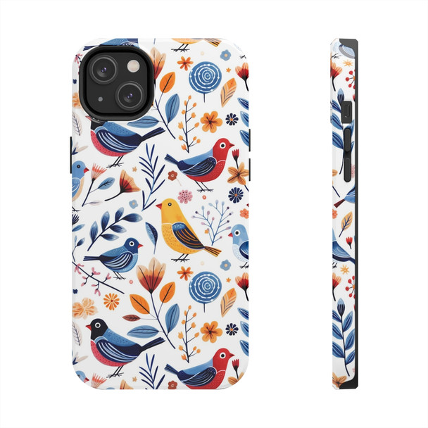 Spring Bird Pattern Tough Phone Case for iPhone in 21 different sizes. Compatible with iPhone 7, 8, X, 11, 12, 13, 14 and more.
