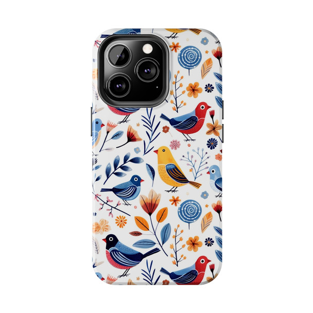 Spring Bird Pattern Tough Phone Case for iPhone in 21 different sizes. Compatible with iPhone 7, 8, X, 11, 12, 13, 14 and more.