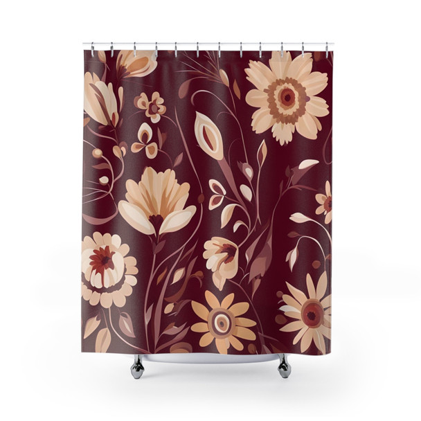 Burgundy and Cream Floral Design Shower Curtain | Polyester Shower Curtains