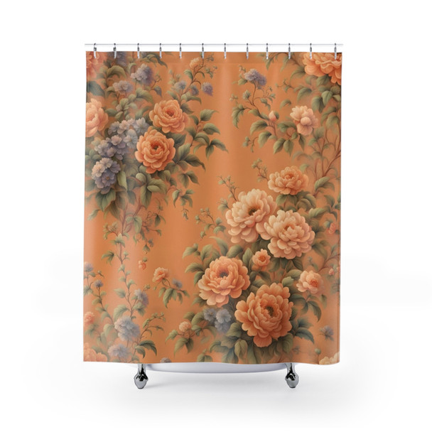 Orange Cream Floral Boho Design Shower Curtain | Polyester Shower Curtains