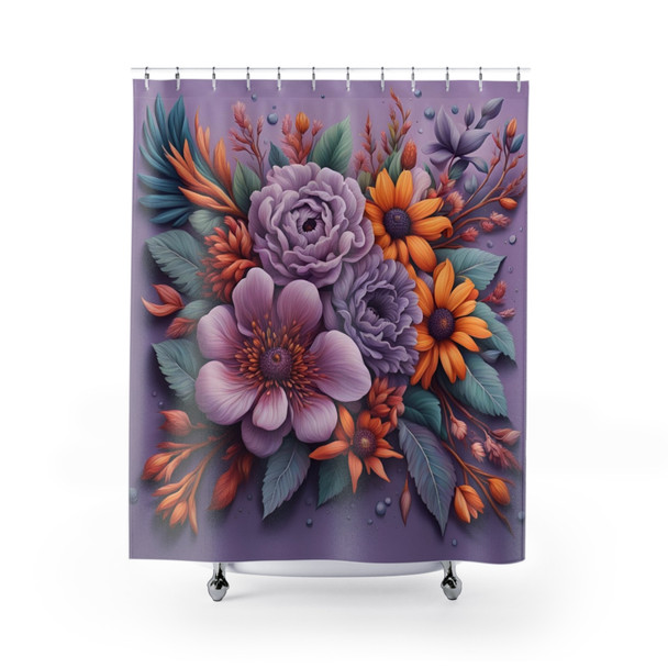 Purple Floral 3D Boho Design Shower Curtain | Polyester Shower Curtains