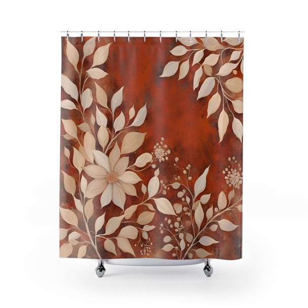 Rust and Cream Folk Art Floral Design Shower Curtain | Polyester Shower Curtains