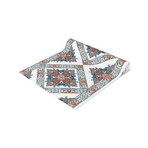 Oriental Pattern in Teal, Orange and White Table Runner (Cotton, Poly)