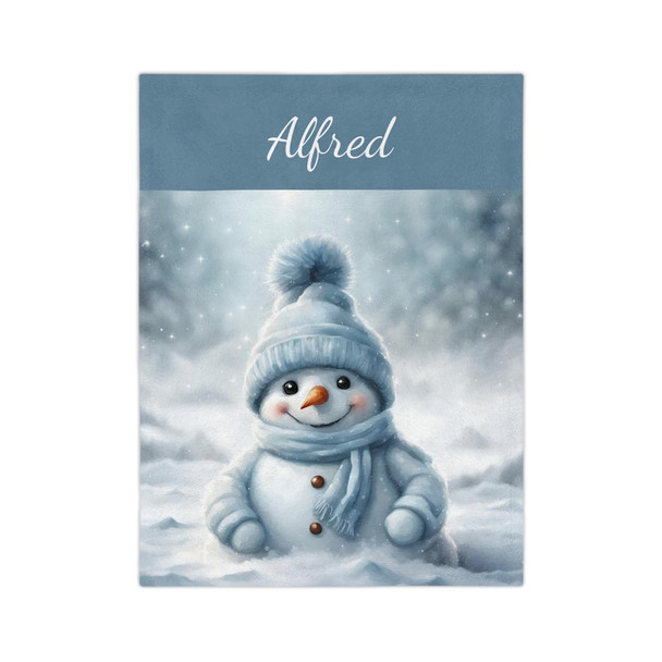 Personalized Baby Velveteen Minky Blanket | Adorable Blue Baby Snowman Design | 40" x 30"