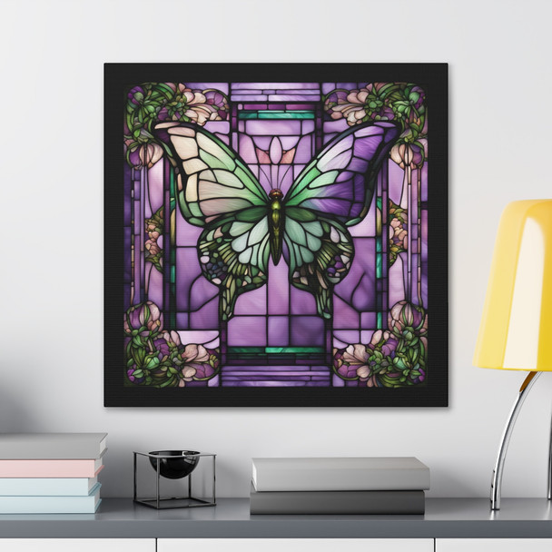 Stained Glass Butterfly Design Canvas Gallery Wrap Print on Artist-Grade Cotton Substrate. Purple and Green Butterfly design.
