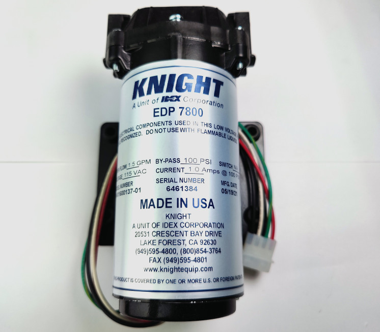 Knight Equipment Replacement Electric Diaphragm Pump and Motor Assembly 1.5 gpm, 100 PSI, Three Chamber Pump, EPDM Seals, 115VAC motor, includes base plate and 2 mounting screws.