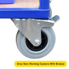 Grey non-marking castors with brakes for an economy flatbed.