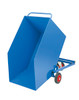 A blue skip bin on wheels being tilted forwards against a white background