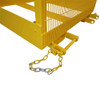 A close up of the rear of a forklift mounted single person gate access platform displaying the forklift attachment points
