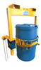 A yellow crane slung drum rotator with a loop chain carrying a drum on a white background