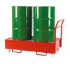 Mobile Drum Sump Trolley in red carrying two upright drums on a pallet