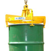 A semi-automatic drum tong suspended against a while background as it lifts a green drum.