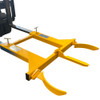 A single drum grab in yellow for carrying a pair of drums attached to a forklift
