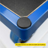 A close up of the rounded corners with a plastic end cap overlaid with text that reads "Rounded Corners are Safer for Staff And Facilities"