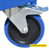A close up of a blue wheel on a silver castor with break overlaid with text that reads "Total Stop Braked Castors"