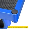 A close up view of the corner of a laser cut box section in blue with text overlaid that reads "Laser Cut Box Section for Additional Strength"