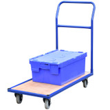 Economy flatbed trolley with a wooden platform, featuring a handle, two swivel and two fixed castors for efficient material handling