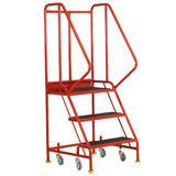 Three tread mobile steps with retracting castors in red