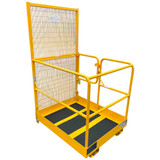 A yellow gated forklift raised access platform with a gate for two people