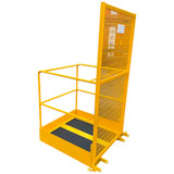 A yellow forklift raised access platform on a white background