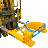 A Fork Mounted Drum Rotator with a crank handle attached to a forklift 