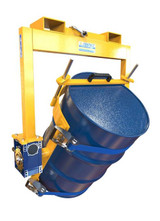 A yellow crane slung drum rotator with a crank handle carrying a drum on a white background