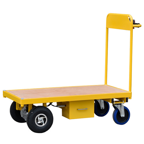 Electric Powered Flatbed Trolley In Yellow Side View