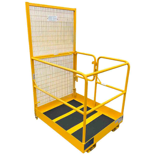A yellow gated forklift raised access platform with a gate for two people