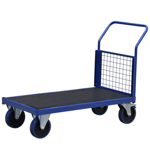 A Premium Plus flatbed Trolley with phenolic board and single mesh end sitting on a white background.