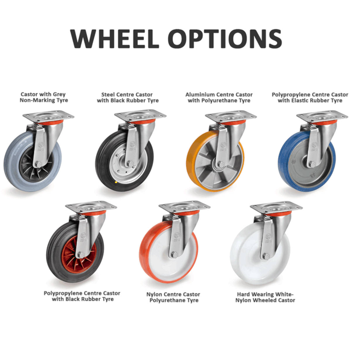Wheel options including Non-Marking Resilex Wheels for Flatbed Platform cart trolley Wheel options including Non-Marking Resilex Wheels for Flatbed Platform cart trolley