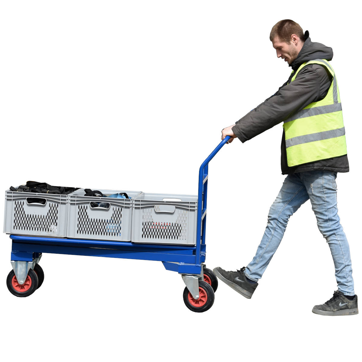 Cash and Carry Stacking Trolley carrying three boxes with an operator Cash and Carry Stacking Trolley carrying three boxes with an operator