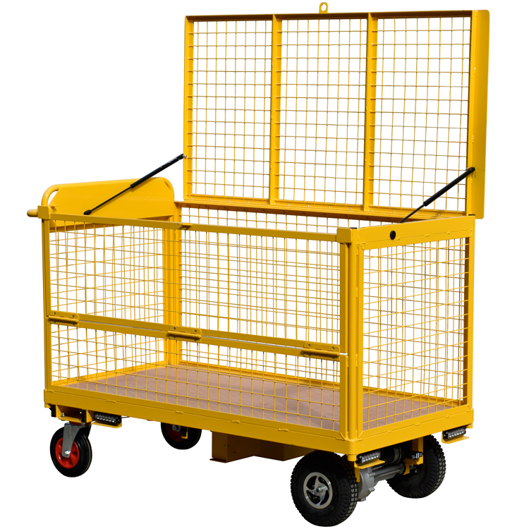 Electric Security Cage Trolley with lid open Electric Security Cage Trolley with lid open