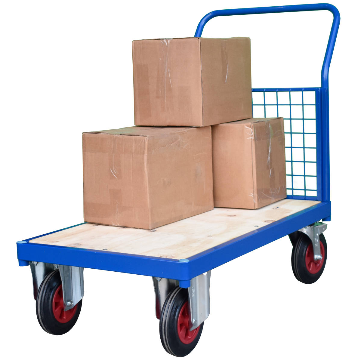 Heavy Duty Flatbed Hand Cart with single Mesh End and weatherproof treated pylwood board base. Heavy Duty Flatbed Hand Cart with single Mesh End and weatherproof treated pylwood board base.