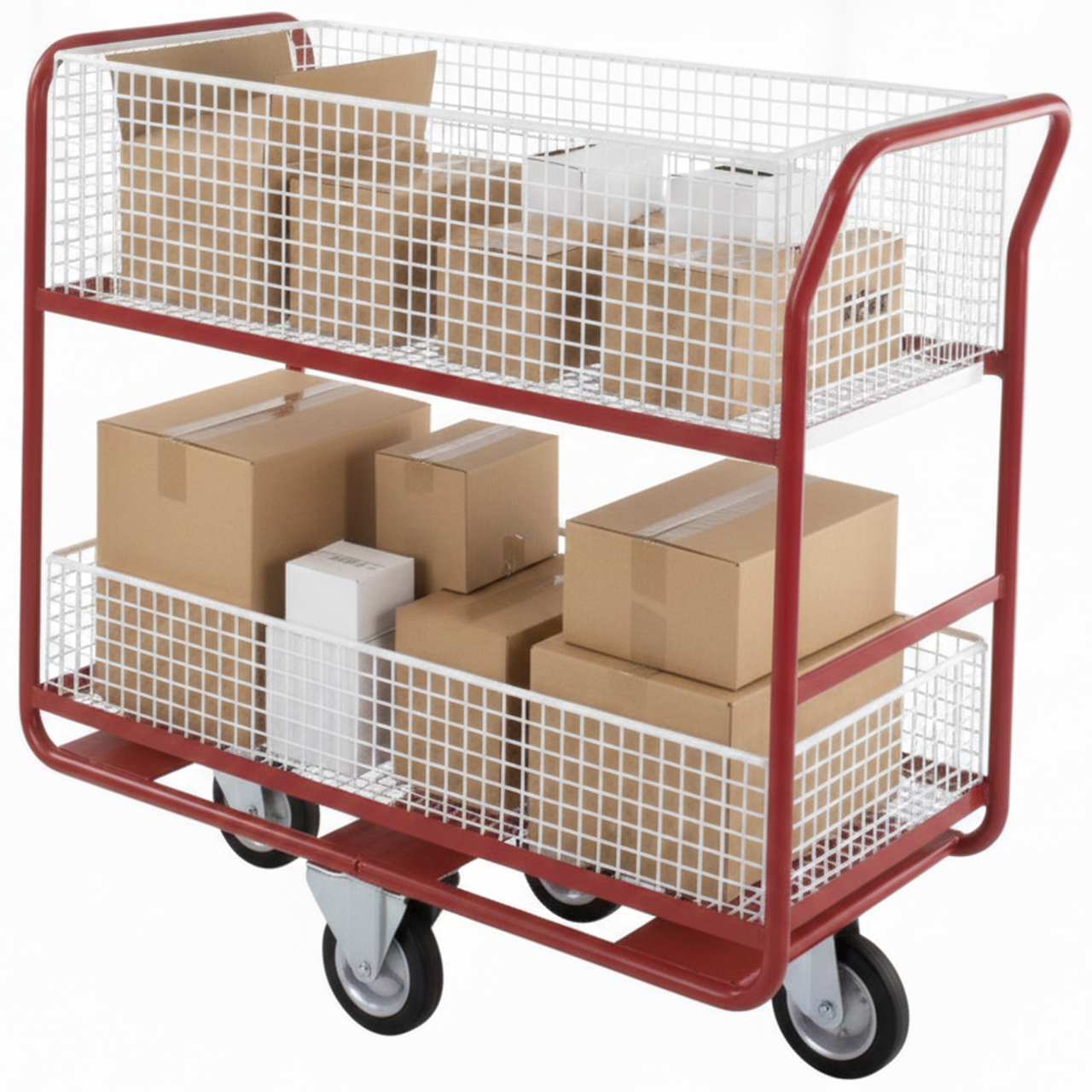 Mail room distribution trolley with diamond wheel configuration transporting mail