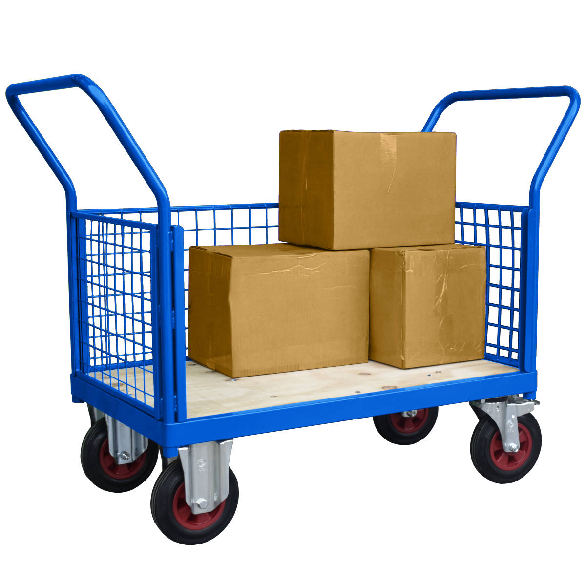 Platform flatbed truck with three removable mesh sides and fixed and swivel castors Platform flatbed truck with three removable mesh sides and fixed and swivel castors