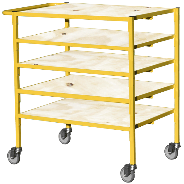 Plywood storage trolley with five tier shelves