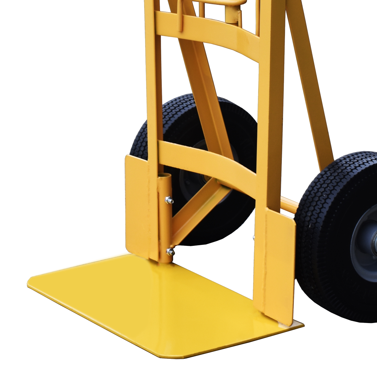 Close up of a yellow 250mm footplate for the Truck-iT sack truck on a white background