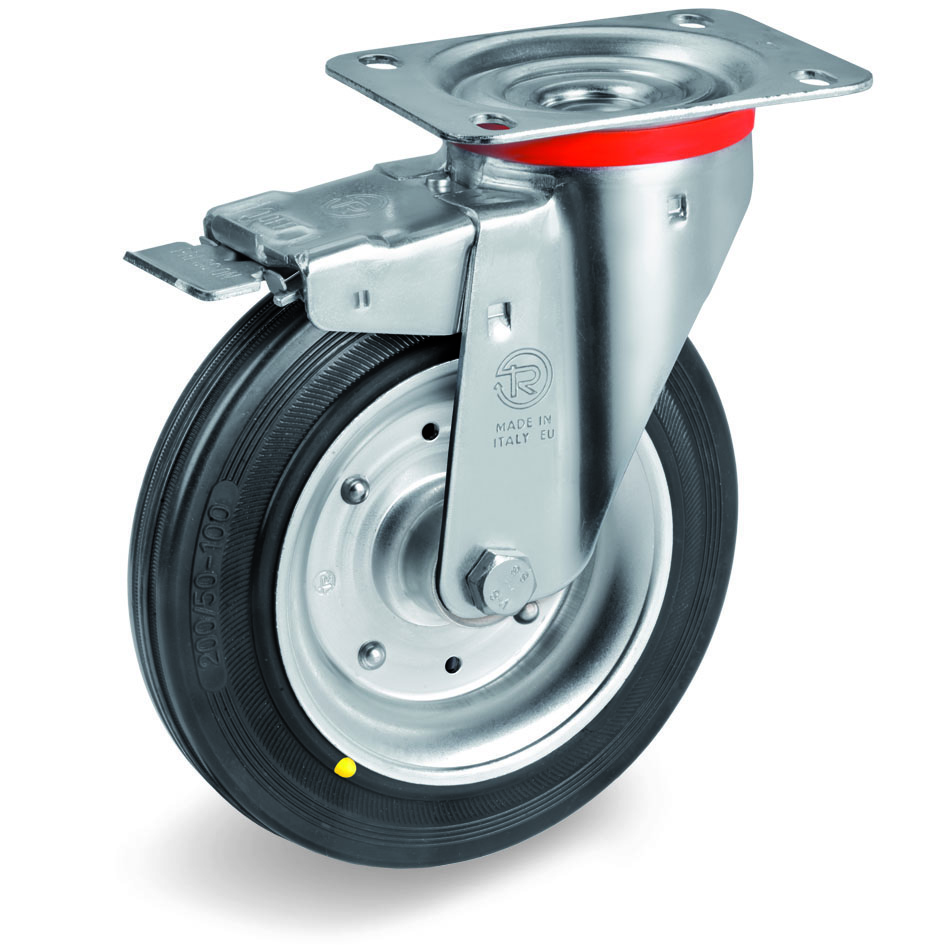 Steel Centre Castor with Black Rubber Tyre Brake