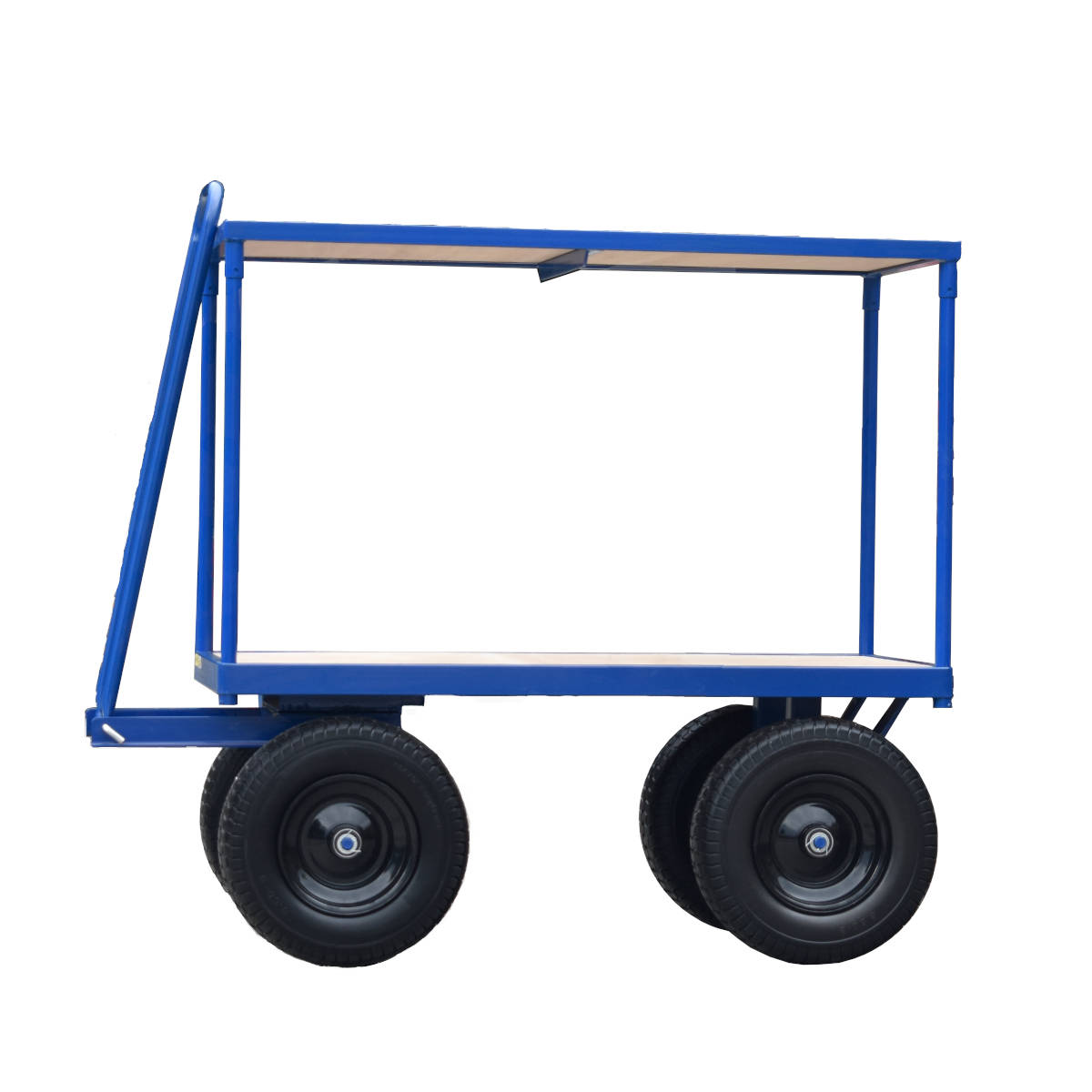 Two tier Turntable Trolley pull along hand cart trailer with treated removable plywood shelf and reinforced box section frame Two tier Turntable Trolley pull along hand cart trailer with treated removable plywood shelf and reinforced box section frame