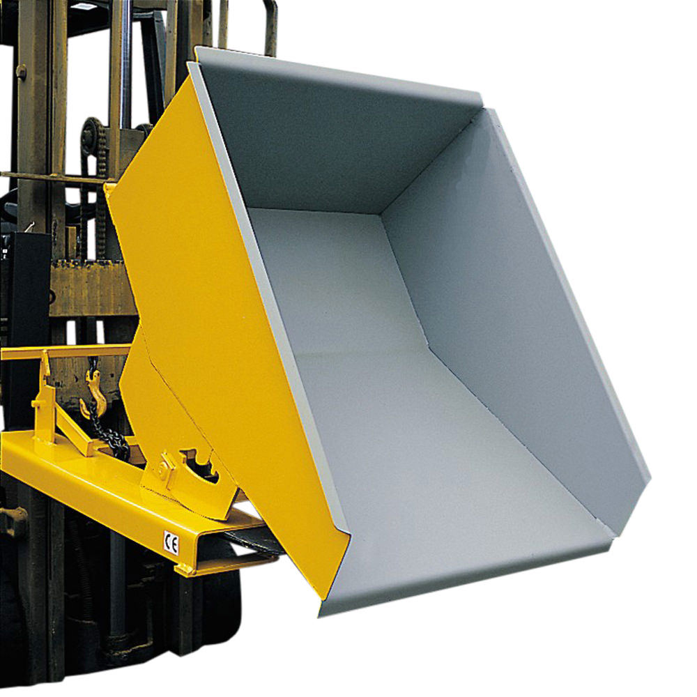 A yellow tipping skip attached to a forklift that is tilting forwards