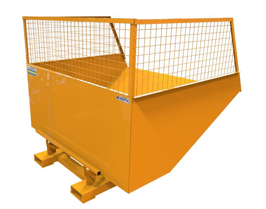 A yellow tipping skip with raised mesh sides sitting on a white background