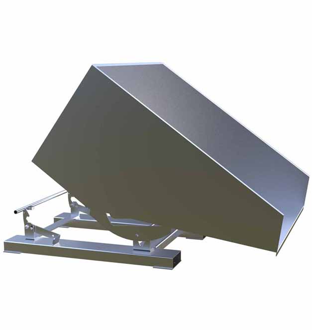 A stainless steel tipping skip tilted forwards on a white background 