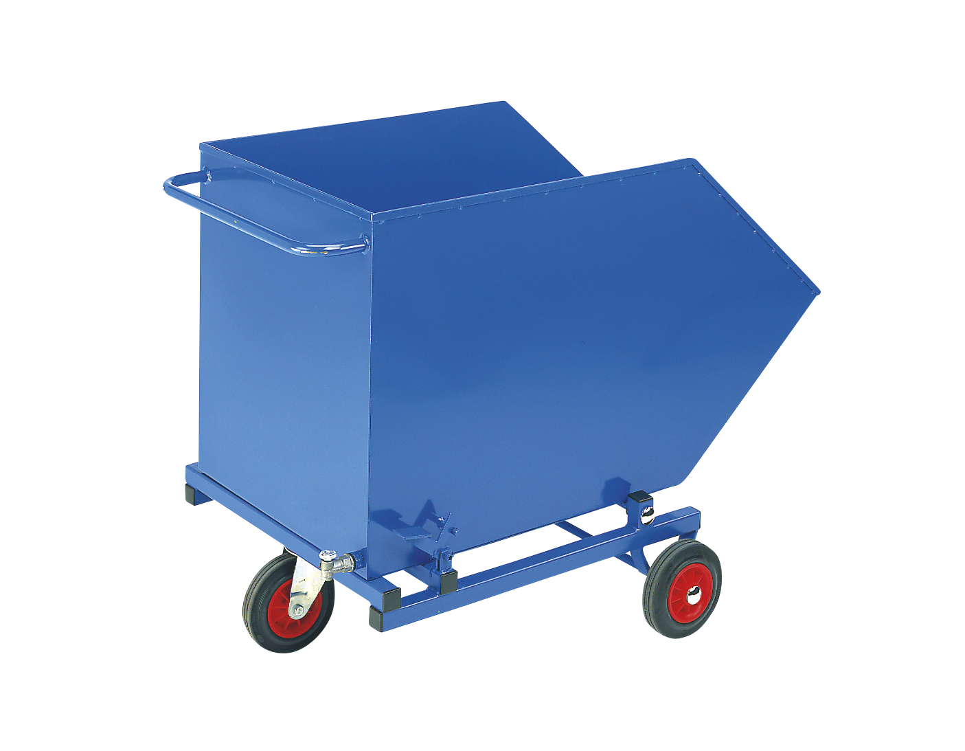 A blue skip bin on wheels against a white background