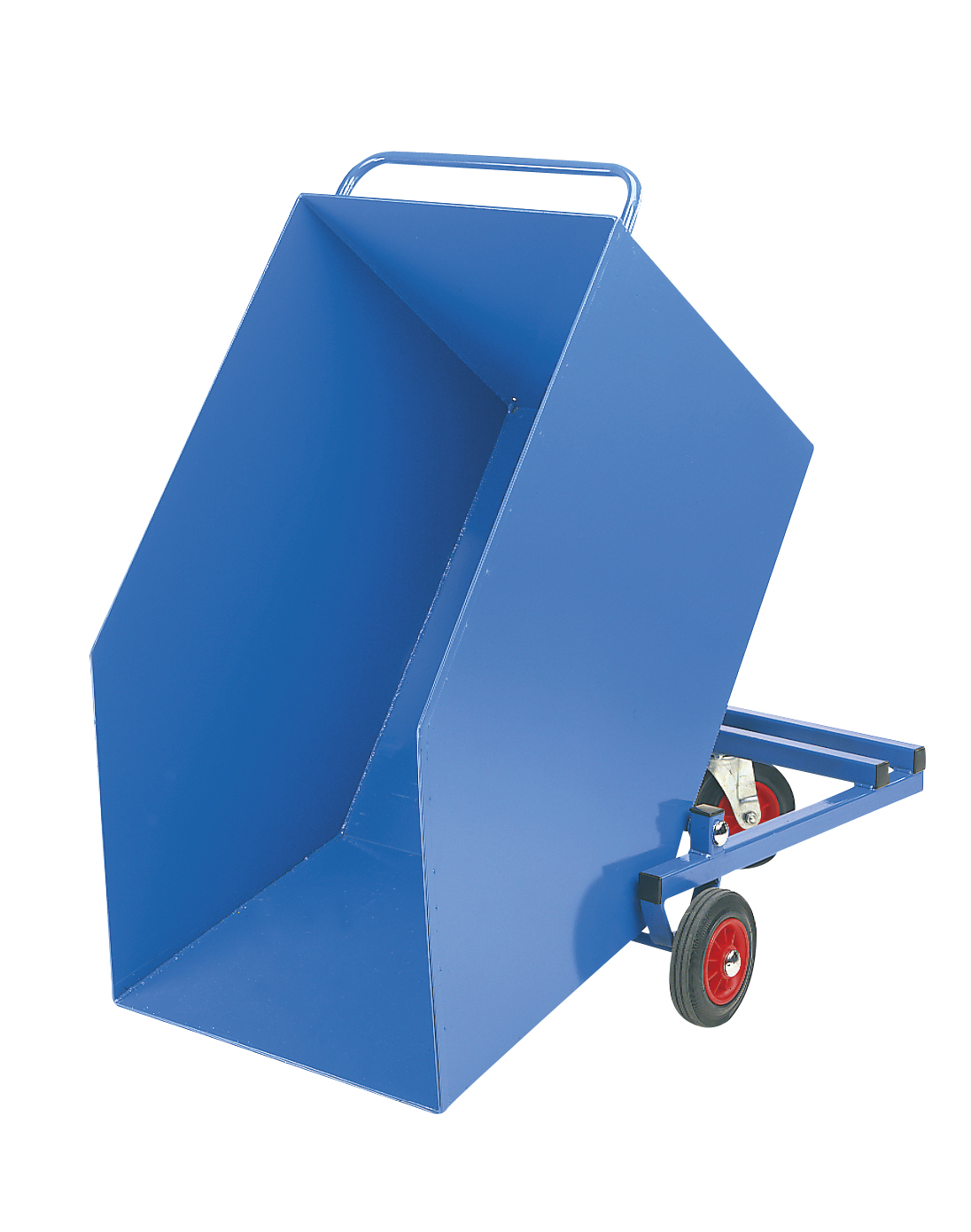 A blue skip bin on wheels being tilted forwards against a white background