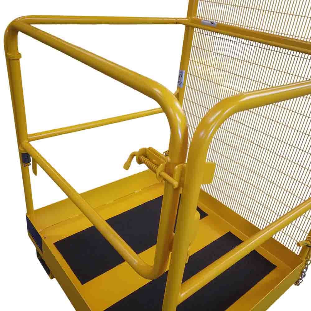 A close up of the latch for a forklift mounted single person gate access platform 