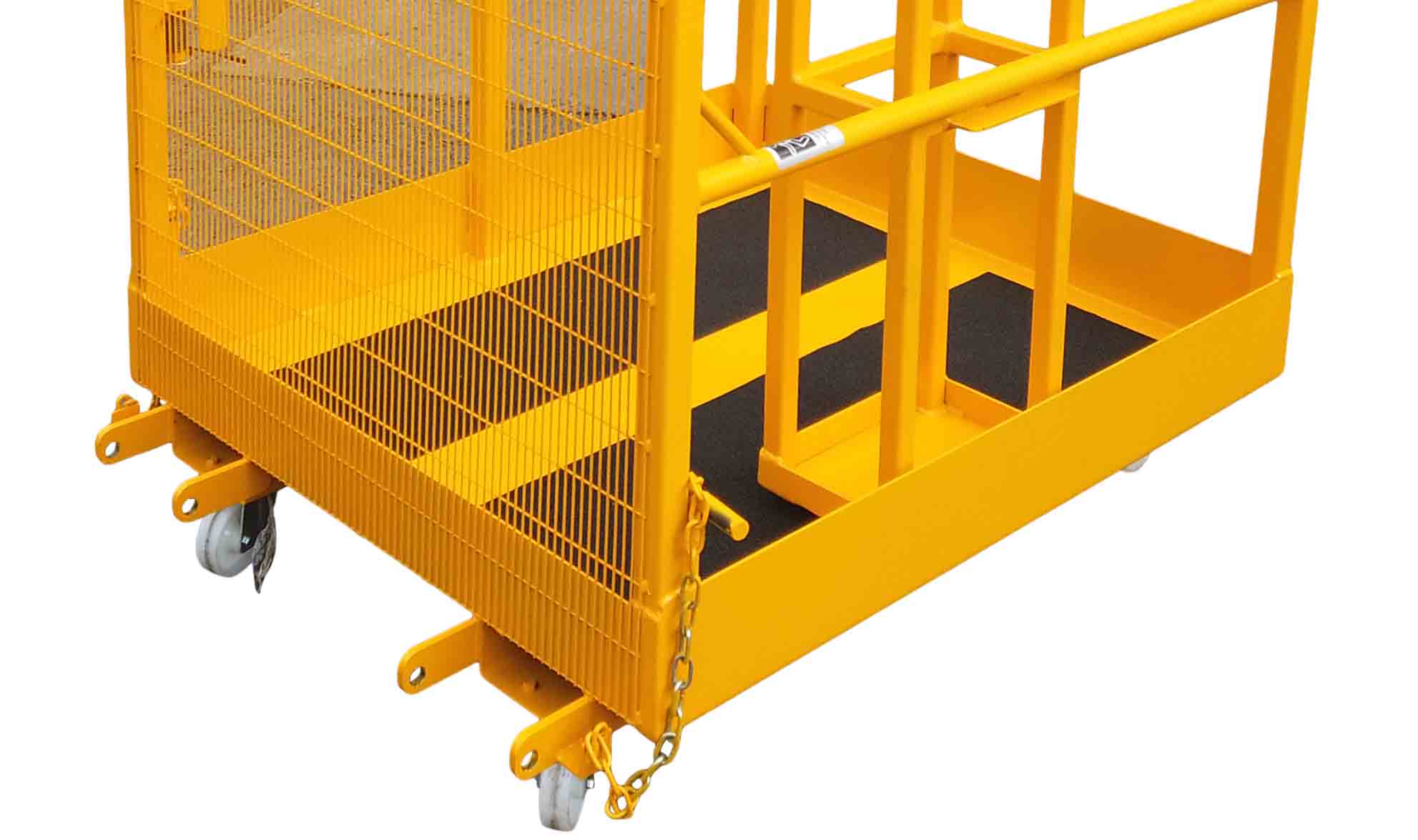 A close up of the corner of a two person access platform with a gate for lifting with a forklift 