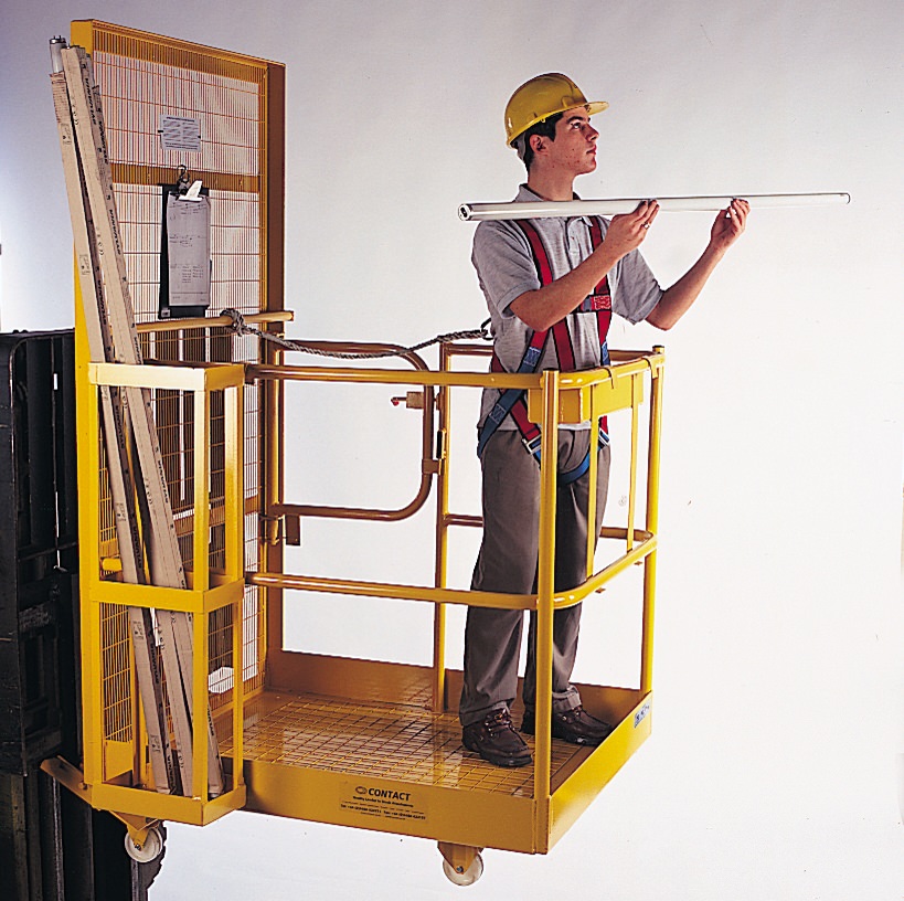 A two person access platform with a gate for lifting with a forklift showing a person in  a hard hat standing on it